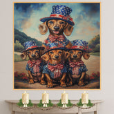 Mother Dachshund Dog and Three Puppies in Patriotic Stars and Stripes Outfits on Ready to Hang 1.5" Thick Canvas Wrap, Floating Framed Canvas, Flat Rolled Canvas